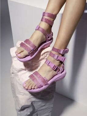 Teva x Christian Cowan Pink Glitter Hurricane Gladiator Sandals